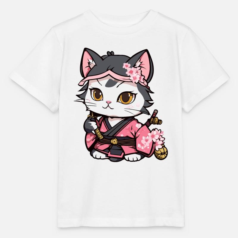 Chat samouraï & fleurs de cerisier #12 - T-shirt bio MINI CREATOR Stanley/Stella Enfant - blanc