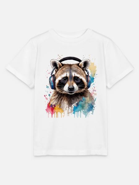 Waschbär Kopfhörer Musik Bunt Tier Design Print - Stanley/Stella Kinder T-Shirt MINI CREATOR  - Weiß