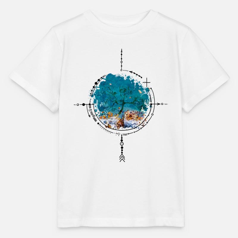 Boussole avec réflexion d’arbre - version aquarelle - T-shirt bio MINI CREATOR Stanley/Stella Enfant - blanc