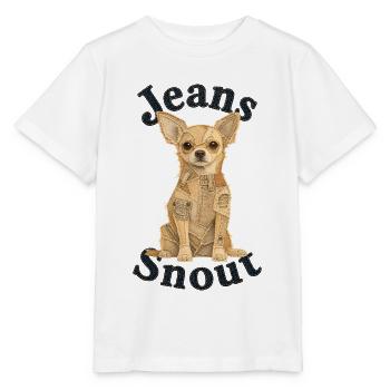 Beiger Kurzhaar-Chihuahua im Jeans-Flicken-Stil - Stanley/Stella Kinder T-Shirt MINI CREATOR  - Weiß - Vorne - Maike (125cm)