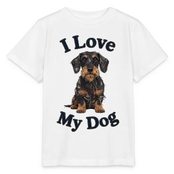Schwarz-Roter Rauhaar-Dackel im Jeansflicken-Stil - Stanley/Stella Kinder T-Shirt MINI CREATOR  - Weiß - Vorne - Maike (125cm)