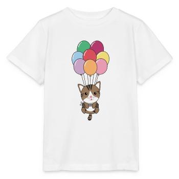 Cat flies upwards with colorful balloons - Stanley/Stella MINI CREATOR Kids’ T-Shirt - white - Front - Maike (125cm)