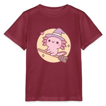 Mignonne sorcière Axolotl sur un balai volant au-dessus de la lune - T-shirt bio MINI CREATOR Stanley/Stella Enfant - bordeaux - Devant - Kain (125cm)