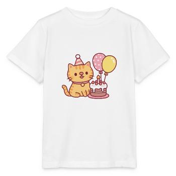 Süße getigerte Katze mit Geburtstagstorte und Luftballons - Stanley/Stella Kinder T-Shirt MINI CREATOR  - Weiß - Vorne - Maike (125cm)