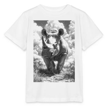 Black and white rhino in the cloudy sky - Stanley/Stella MINI CREATOR Kids’ T-Shirt - white - Front - Maike (125cm)