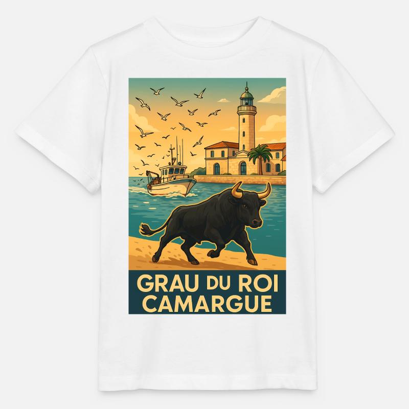 Taureau de Camargue Grau Du Roi au Soleil Levant - T-shirt bio MINI CREATOR Stanley/Stella Enfant - blanc