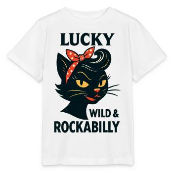 Lucky, Wild & Rockabilly: Schwarze Retro Katze - Stanley/Stella Kinder T-Shirt MINI CREATOR  - Weiß - Vorne - Maike (125cm)