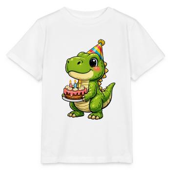 Kleiner Dino mit Geburtstagskuchen - Stanley/Stella Kinder T-Shirt MINI CREATOR  - Weiß - Vorne - Maike (125cm)