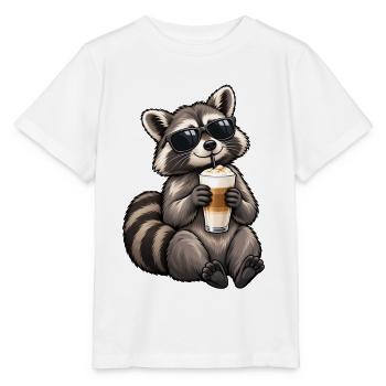 Waschbär mit Latte Macchiato – Kaffeepause - Stanley/Stella Kinder T-Shirt MINI CREATOR  - Weiß - Vorne - Maike (125cm)