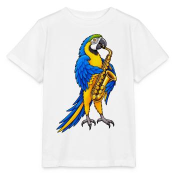 Ara spielt Saxophon – Buntes Musikmotiv - Stanley/Stella Kinder T-Shirt MINI CREATOR  - Weiß - Vorne - Maike (125cm)