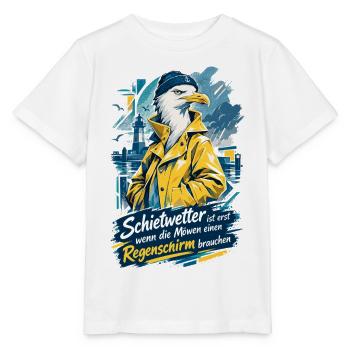 Lustige Möwe im Friesennerz Schietwetter - Stanley/Stella Kinder T-Shirt MINI CREATOR  - Weiß - Vorne - Maike (125cm)