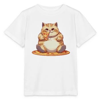 Mollige Katze mit Pizza, Lustiges Essen Design für - Stanley/Stella Kinder T-Shirt MINI CREATOR  - Weiß - Vorne - Maike (125cm)