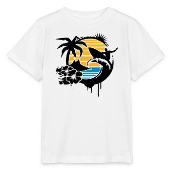 un palmier, fleurs d'hibiscus, une île,une vague - T-shirt bio MINI CREATOR Stanley/Stella Enfant - blanc - Devant - Maike (125cm)