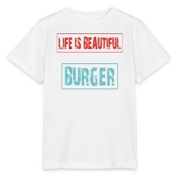Joie de vivre with a burger saying - Stanley/Stella MINI CREATOR Kids’ T-Shirt - white - Front - Maike (125cm)