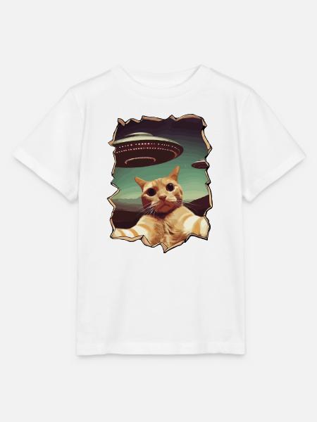 Lustiger ausgeschnittener Katzen-Selfie-UFO-3D-Effekt - Stanley/Stella Kinder T-Shirt MINI CREATOR - Weiß