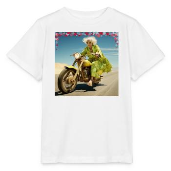 Oma auf Motorrad im Wüstensand Lebensfreude Alter - Stanley/Stella Kinder T-Shirt MINI CREATOR  - Weiß - Vorne - Maike (125cm)