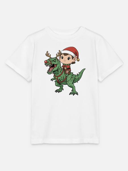 Junge Elf reitet T-Rex Lustiger Weihnachtsdinosaur - Stanley/Stella Kinder T-Shirt MINI CREATOR  - Weiß