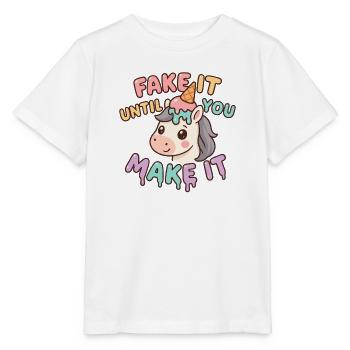 Licorne kawaii motivation drôle – Fake it until yo - T-shirt bio MINI CREATOR Stanley/Stella Enfant - blanc - Devant - Maike (125cm)