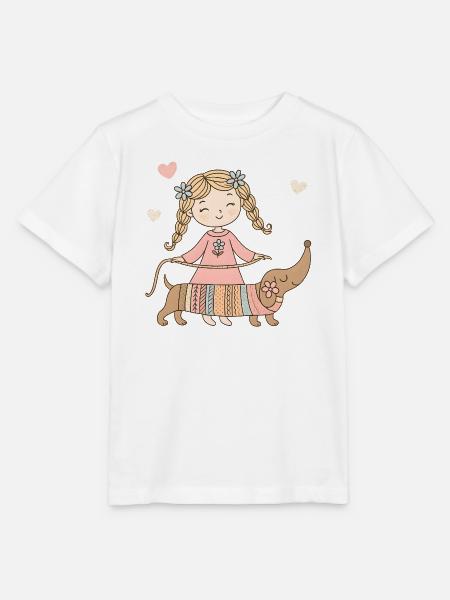 Pige med gravhund – Sød Børne Dyredesign - Stanley/Stella T-shirt MINI CREATOR til børn - hvid