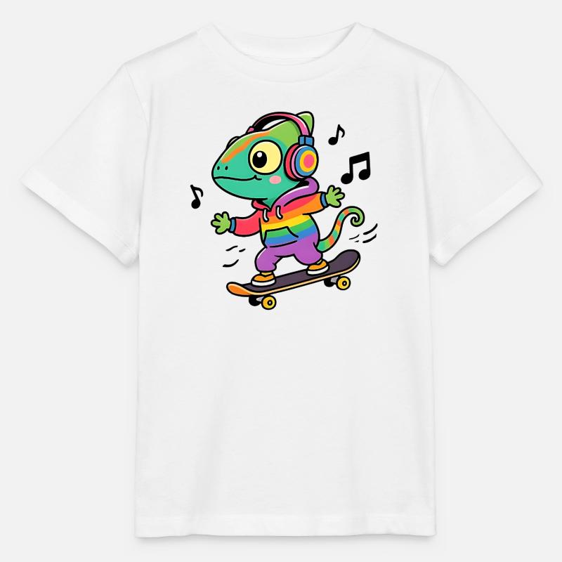 Regenbogen-Chamäleon auf Schlittschuh - Stanley/Stella Kinder T-Shirt MINI CREATOR  - Weiß