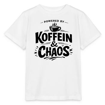 Powered by Koffein & Chaos – Kaffee Spruch Shirt - Stanley/Stella Kinder T-Shirt MINI CREATOR  - Weiß - Vorne - Maike (125cm)