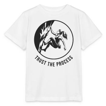 Fille forte qui fait du bloc sur le rocher pendant le processus - T-shirt bio MINI CREATOR Stanley/Stella Enfant - blanc - Devant - Maike (125cm)