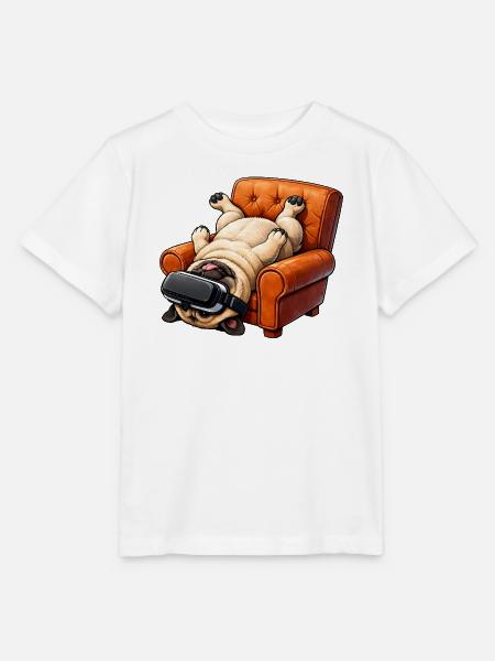 Mops mit VR Brille im Sessel - Stanley/Stella Kinder T-Shirt MINI CREATOR - Weiß