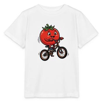 Funny tomato on bike for kids - Stanley/Stella MINI CREATOR Kids’ T-Shirt - white - Front - Maike (125cm)