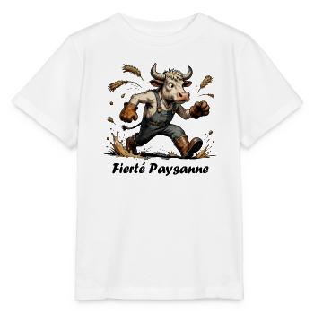 Fierté Paysanne, vache en salopette et botte - T-shirt bio MINI CREATOR Stanley/Stella Enfant - blanc - Devant - Maike (125cm)