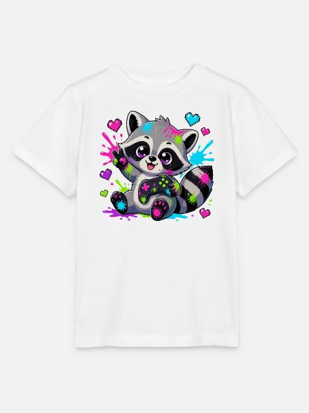 Bunter Raccoon mit Controller - Stanley/Stella Kinder T-Shirt MINI CREATOR  - Weiß
