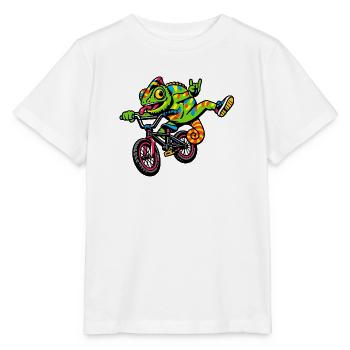Gecko auf BMX: bunte Fahrt - Stanley/Stella Kinder T-Shirt MINI CREATOR  - Weiß - Vorne - Maike (125cm)