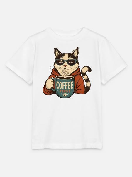 Coffee First Katze - Stanley/Stella Kinder T-Shirt MINI CREATOR  - Weiß
