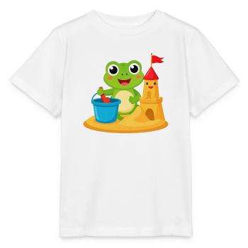 Kawaii-Frosch am Strand mit Eimer & Sandburg – Süß - Stanley/Stella Kinder T-Shirt MINI CREATOR  - Weiß - Vorne - Maike (125cm)
