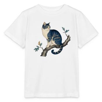 Chat bleu sur branche artistique - déco vintage - T-shirt bio MINI CREATOR Stanley/Stella Enfant - blanc - Devant - Maike (125cm)