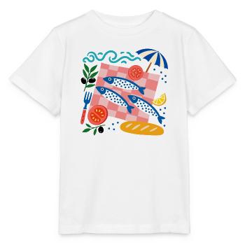 Illustration méditerranéenne de pique-de sardines - T-shirt bio MINI CREATOR Stanley/Stella Enfant - blanc - Devant - Maike (125cm)
