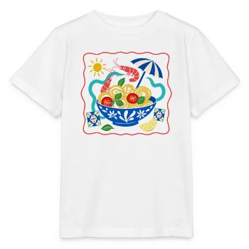 Illustration du bol d’été avec pâtes aux crevettes - T-shirt bio MINI CREATOR Stanley/Stella Enfant - blanc - Devant - Maike (125cm)