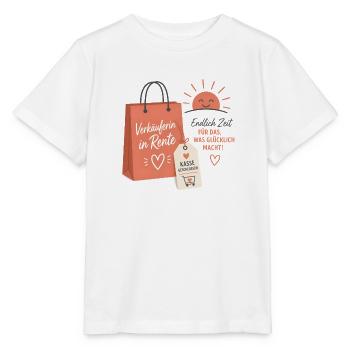 Verkäuferin in Rente – Aufgehende Sonne & Tasche - Stanley/Stella Kinder T-Shirt MINI CREATOR  - Weiß - Vorne - Maike (125cm)