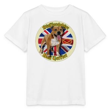 Red Staffie on English Flag Background - 014 - Stanley/Stella MINI CREATOR Kids’ T-Shirt - white - Front - Maike (125cm)
