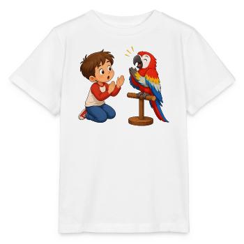 Colorful parrot claps with amazed boy - Stanley/Stella MINI CREATOR Kids’ T-Shirt - white - Front - Maike (125cm)