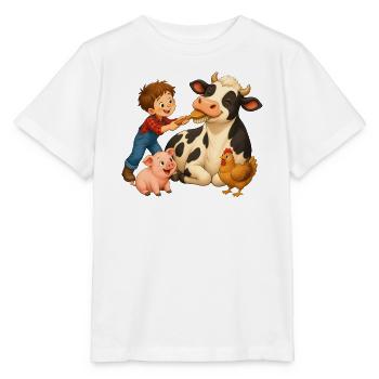 Boy brushing cow on the cheerful farm - Stanley/Stella MINI CREATOR Kids’ T-Shirt - white - Front - Maike (125cm)