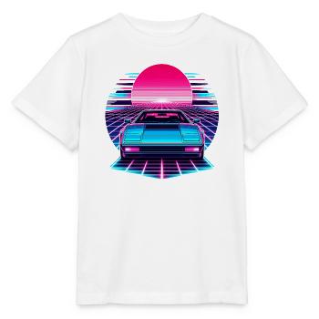 Neon Synthwave Auto am Sonnenuntergang - Stanley/Stella Kinder T-Shirt MINI CREATOR  - Weiß - Vorne - Maike (125cm)