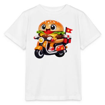 Kawaii Burger auf dem Motorrad - Stanley/Stella Kinder T-Shirt MINI CREATOR  - Weiß - Vorne - Maike (125cm)