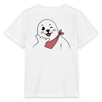 Zwinkerndes Robbenzeichen mit einem Bandana und werfendem Shaka-Zeichen - Stanley/Stella Kinder T-Shirt MINI CREATOR  - Weiß - Vorne - Maike (125cm)