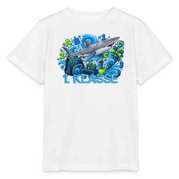 Schulstart 1. Klasse mit Hai Grundschule - Stanley/Stella Kinder T-Shirt MINI CREATOR  - Weiß - Vorne - Maike (125cm)