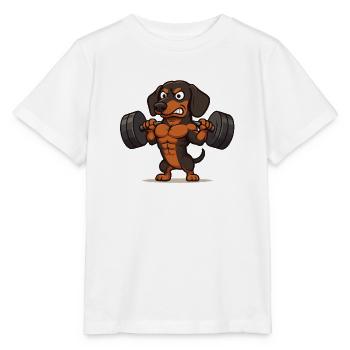 Fitness dachshund – powerhouse in the gym - Stanley/Stella MINI CREATOR Kids’ T-Shirt - white - Front - Maike (125cm)