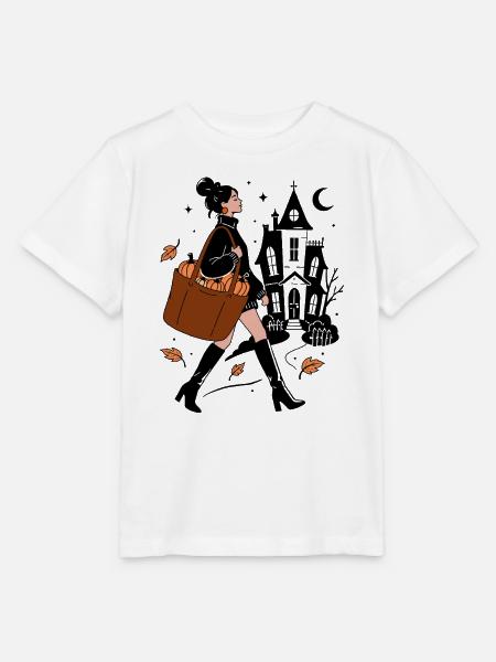 Autumn Vibes Frau mit Kürbis Tasche & Spukhaus - Stanley/Stella Kinder T-Shirt MINI CREATOR - Weiß