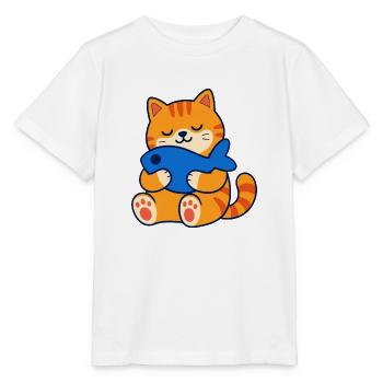 Orangefarbene getigerte Katze umarmt ein Fischkissen - Stanley/Stella Kinder T-Shirt MINI CREATOR  - Weiß - Vorne - Maike (125cm)