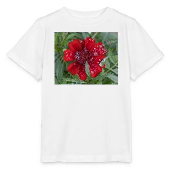 Rote Kleinblattblüte, bedeckt mit Wassertropfen, - Stanley/Stella Kinder T-Shirt MINI CREATOR  - Weiß - Vorne - Maike (125cm)