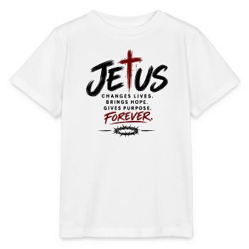 Jesus Changes Lives – Christian Faith Statement - Stanley/Stella Kinder T-Shirt MINI CREATOR  - Weiß - Vorne - Maike (125cm)