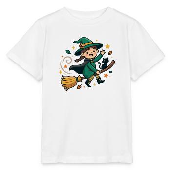 Süße Hexe, die auf einem Besen fliegt, mit schwarzer Katze - Stanley/Stella Kinder T-Shirt MINI CREATOR  - Weiß - Vorne - Maike (125cm)